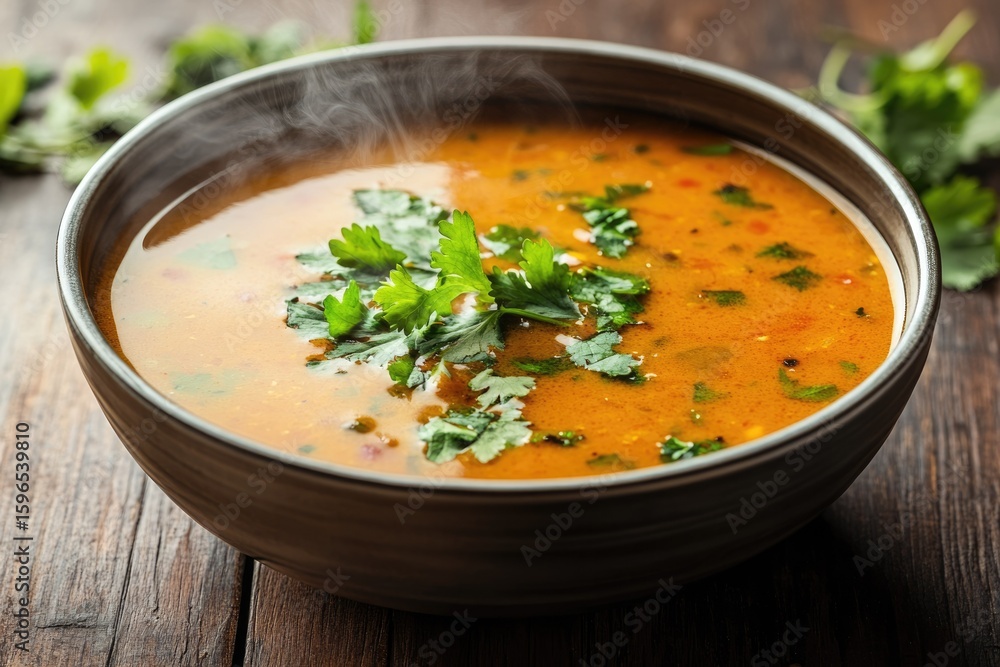 A steaming bowl of hearty, orange-hued soup garnished with fresh cilantro. A steaming bowl of hearty, orange-hued soup garnished with fresh cilantro.