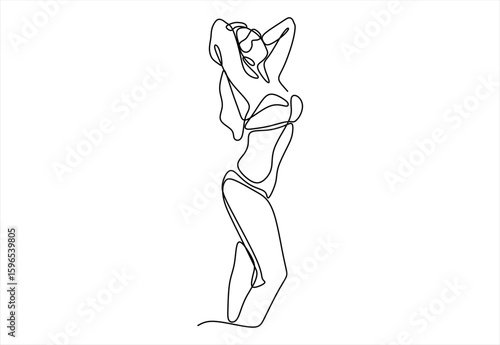 Contour line art of a woman in a bikini posing.  line icon-continuous line drawing. Editable stroke. 
