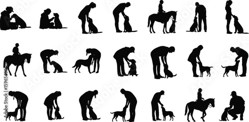 Silhouettes of humans with dogs and horses, pet bonding illustration, animal companionship art, training poses, nature-themed vector design