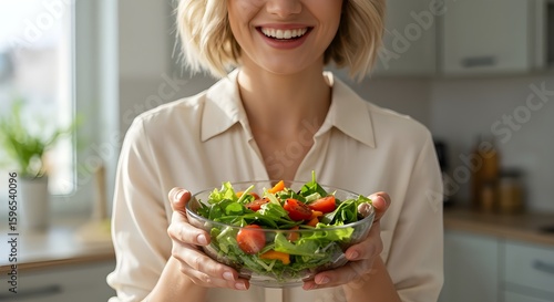 Primer plano de una mujer sonriente comiendo ensalada fresca y saludable