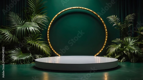 A minimalist stage set featuring three circular green steps leading up to a large, arch-shaped backdrop framed in gold. 