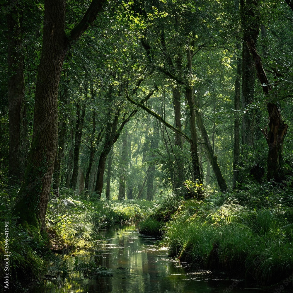 Obraz premium Lush Green Forest with Towering Trees