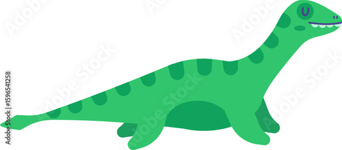 Plesiosaur reptile walking and smiling, prehistoric jurassic era extinct animal, cartoon drawing isolated on white background, children book illustration