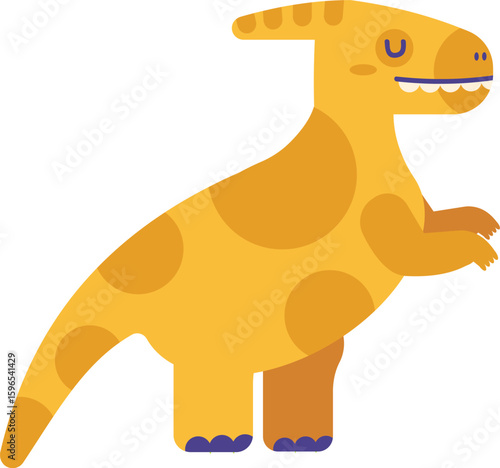 Simple cartoon illustration of a parasaurolophus dinosaur, a herbivorous hadrosaurid ornithopod from the Late Cretaceous period, standing and smiling on a white background