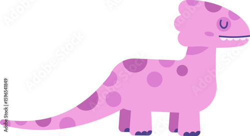 Cartoon illustration of a friendly pink dinosaur with purple spots standing and smiling happily, showing its teeth, in a simple and minimalist style