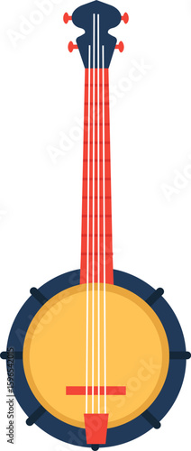 Colorful illustration featuring a banjo with a red neck, yellow body, and blue rim, isolated on a white background, embodying folk and country music traditions