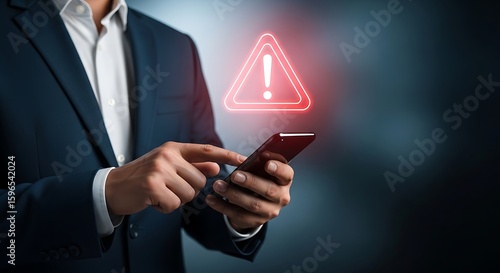Businessman using smartphone with glowing red warning sign