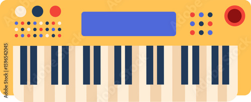 Electric piano keyboard featuring vibrant buttons and a blue screen, illustrating the evolution of music technology while composing melodies and playing various songs
