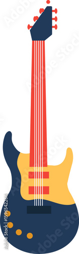 Colorful electric guitar with red neck and fingerboard, blue and yellow body, and black headstock standing on a plain white background, representing music, entertainment, and creativity