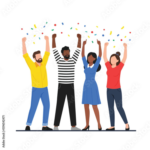 Diverse group of joyful people celebrating with confetti, arms raised in victory.