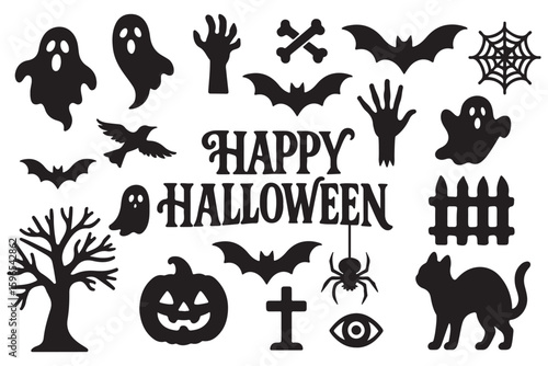 Halloween silhouette vector set featuring spooky trees, haunted houses, carved pumpkin faces, spider webs, bats, and pumpkin shapes. Halloween icon. Halloween icon set. Silhouette style. 