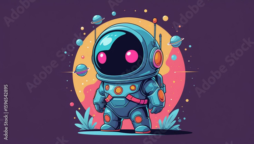  A cute cartoon astronaut or robot in a futuristic suit with glowing pink eyes, standing against
