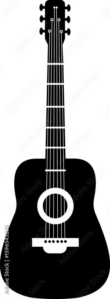 Obraz premium Silhouette of an acoustic guitar with tuning pegs, fretboard, sound hole, bridge, and strings, creating a striking contrast against a white background, ideal for music related designs
