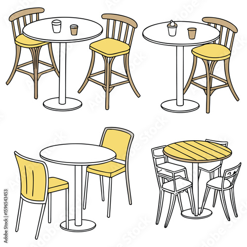 Cartoon furniture. Tables with chairs furniture for office, cafe, restoran, home kitchen interior scene illustration vector