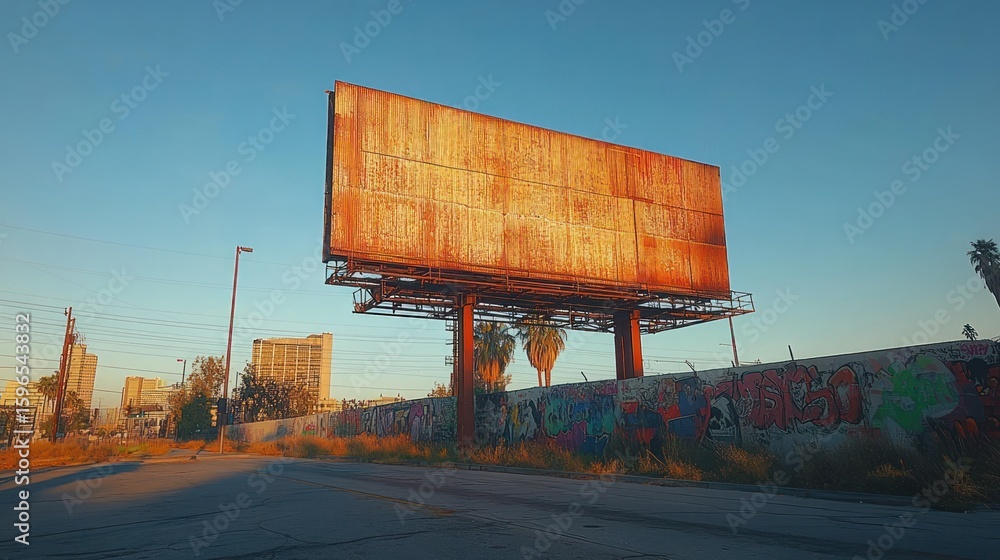 Obraz premium Rusty billboard in urban landscape at sunset