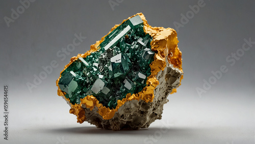 Photorealistic Uranium Mineral Specimen on White Background with Raw Crystal Texture, Radioactive Glow, and Jagged Earthy Surface — Scientific Macro Mineral Photography