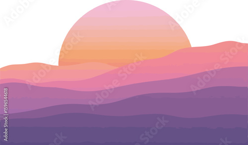 Gradient Sunset Over Layered Hills Pink and Purple Hues Serene Landscape.