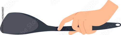 Close up of chef hand holding slotted spatula, a kitchen utensil with holes for draining excess oil or liquid while cooking or serving food