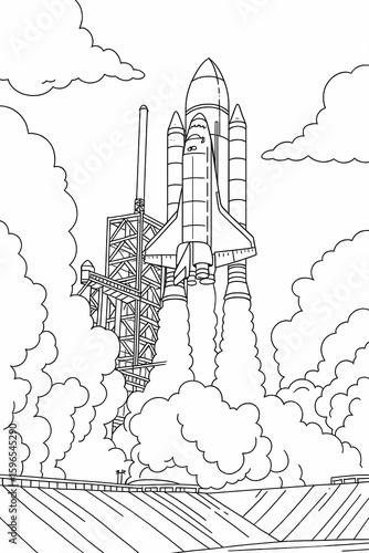 Black line illustration of the Launching of a space craft Rocket for space exploration