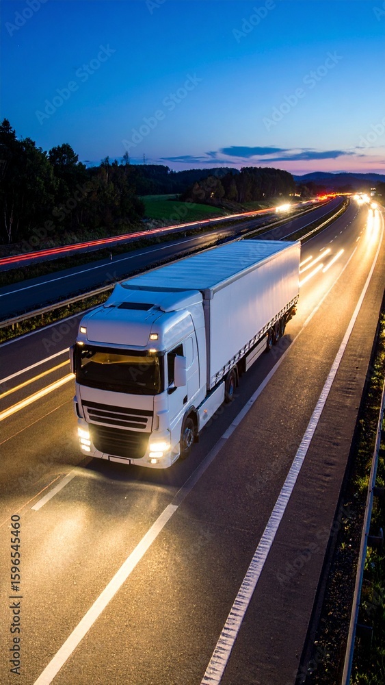 Fototapeta premium White Semi Truck Driving on Highway at Night.