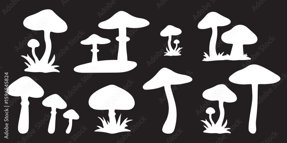 Unique Mushroom Silhouette Designs . Set of three black mushroom silhouettes with simple, clean shapes ideal for icons, logos . Unique Mushroom Silhouette Designs . Set of three black mushroom silhouettes with simple, clean shapes ideal for icons, logos .