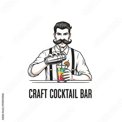 Hipster Bartender Logo, Mustache, Suspenders, Mixing Cocktail