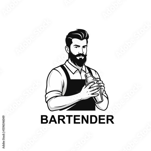 Bartender Logo With Beard and Apron, Holding Shaker