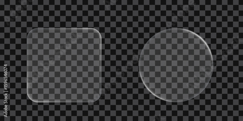 3D square and round buttons in the liquid glass style. Modern web user interface element for ui ux design. Transparent frames and buttons. Vector illustration.