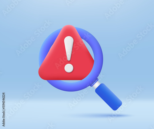 3D Magnifying glass with exclamation mark. Data breach, Malware, Cyber Attack, and Security Concept. Danger hazard notification. Minimalist cartoon icon. Trendy and modern vector in 3d style.