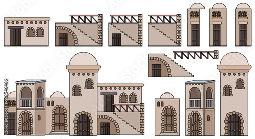 Set of oriental architectural elements in paper cut style. Vector icons of desert houses, domes, stairs and arches isolated on dark blue. Middle eastern building kit.