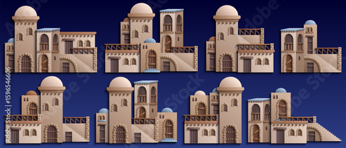 Set of oriental architectural elements in paper cut style. Vector icons of desert houses, domes, stairs and arches isolated on dark blue. Middle eastern building kit.
