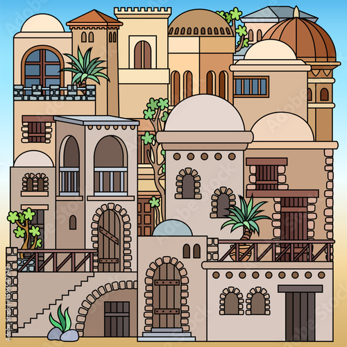 Arabic style vector illustration of a crowded oriental city with houses, domes and palm trees on dark blue background. Ramadan and travel concept.