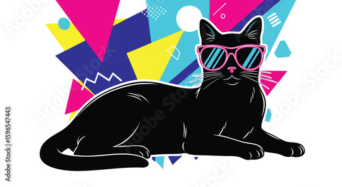 A black cat wearing pink sunglasses is lying down against a background of colorful geometric shapes.