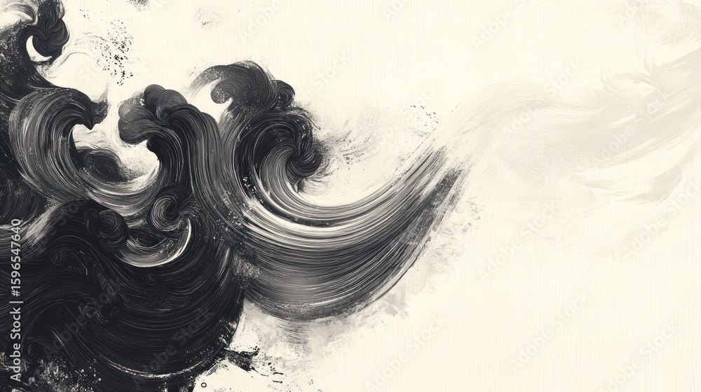 Fototapeta premium Abstract black ink wash painting, swirling waves on beige background.