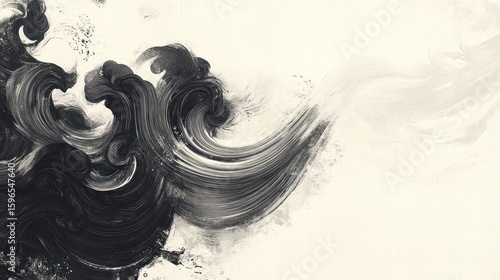 Abstract black ink wash painting, swirling waves on beige background.