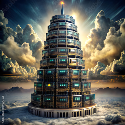 Tower of Babel made from stacked routers and servers