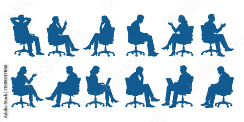 A big collection of silhouette of sitting people. Set of people sitting on chair silhouette . eps 10