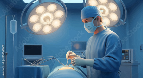 Surgeon in scrubs performing a surgical procedure under bright operating room lights.