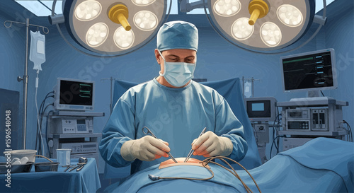 Surgeon performing an operation in a sterile operating room under bright surgical lights, assisted by medical equipment.