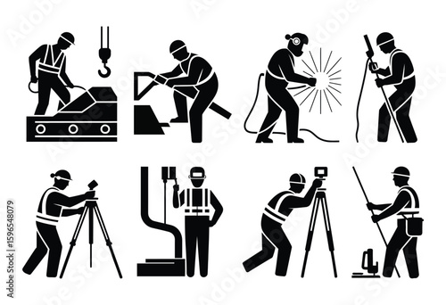 Builder and contractor profession icon collection in silhouette style for construction and industrial design use