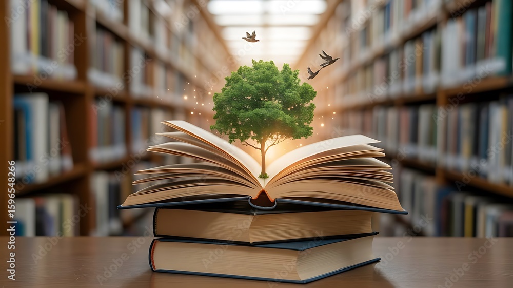 Fototapeta premium A tree grows from an open book, representing the growth of knowledge