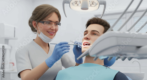 A female dentist examines a male patient's teeth during a dental checkup in a modern dental office.