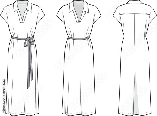 CAD drawing flat vector illustration of stylish dress, short sleeves, V-neck, waist tie, front, back, side view, garment templateCAD drawing flat vector illustration of stylish dress, short sleeves