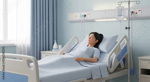 A woman lies in a hospital bed with an IV drip, resting, in a bright, clean room.