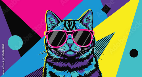 A cool cat with pink sunglasses stares forward against a vibrant, geometric, retro-style background featuring magenta, blue, yellow, and purple.
