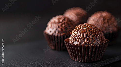 Isolated Brigadeiro on black background, highlighting rich chocolate color and textured sprinkles