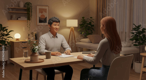 A man and woman sit at a table in a cozy living room, seemingly in a meeting or discussion.