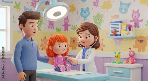 A pediatrician examines a young girl during a checkup, her father present in a brightly decorated pediatric office.