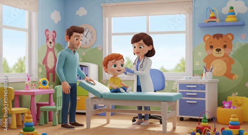 A doctor examines a young child in a brightly decorated pediatric examination room, with the child's father present.