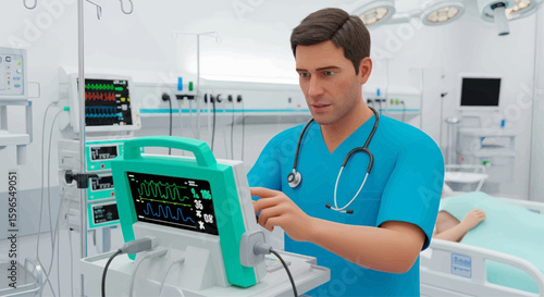 A male medical professional monitors patient vitals in a modern hospital operating room.